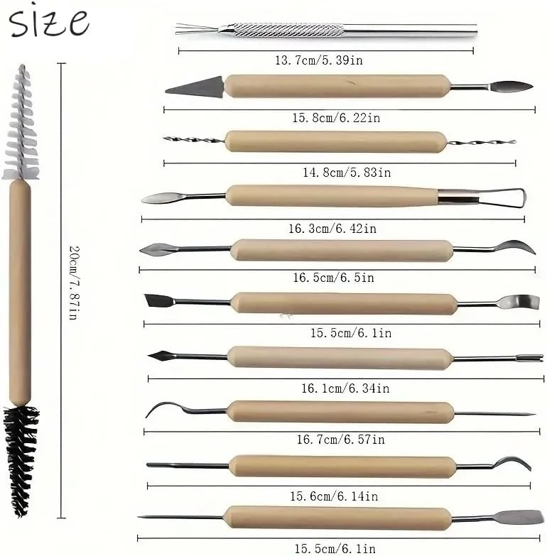 ست ابزار مجسمه سازی حرفه ای خاک رس، ۱۱ تکه، استیل ضد زنگ با دسته های چوبی، برای سفالگری، حکاکی، مدل سازی