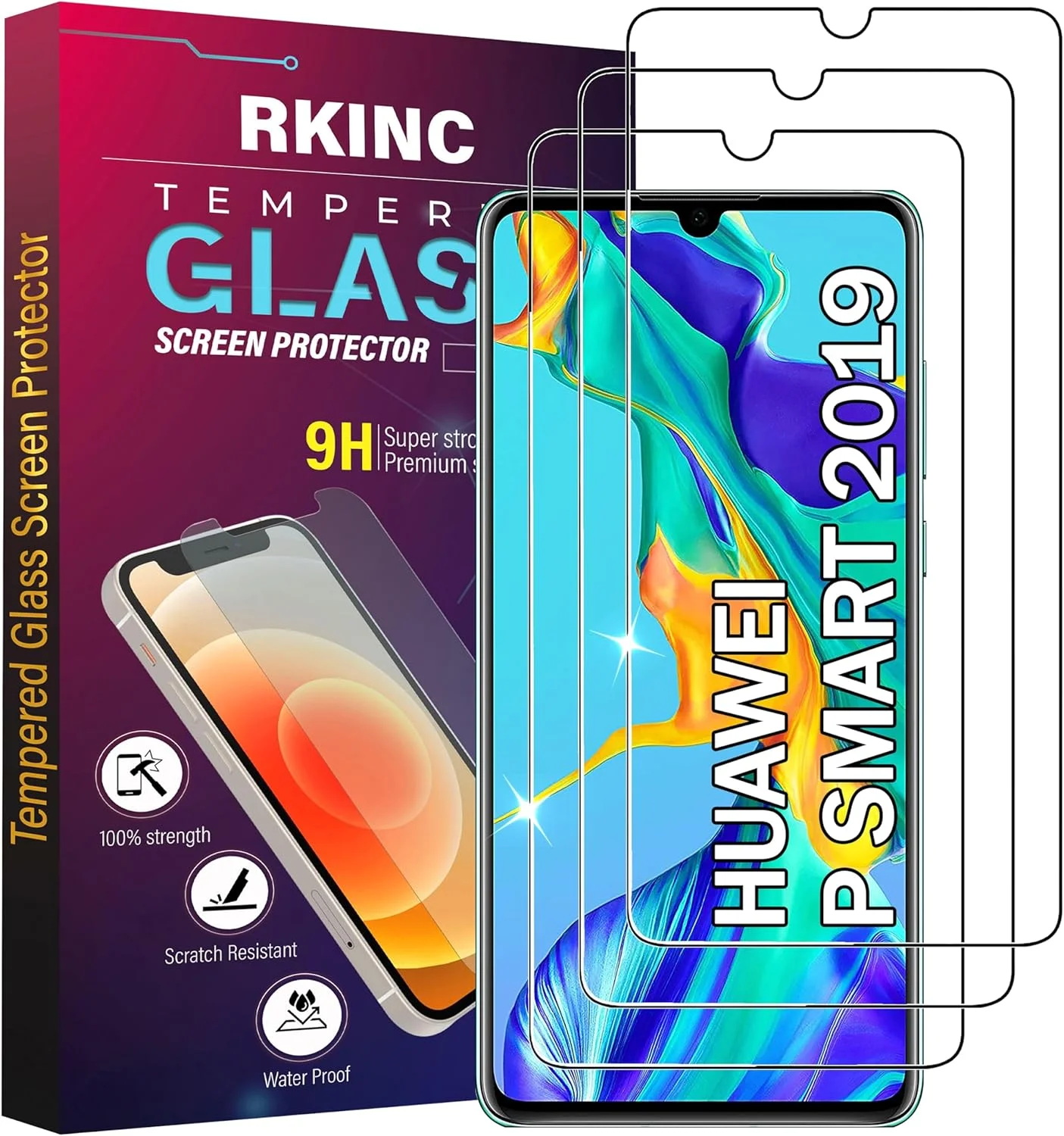 محافظ صفحه نمایش شیشه ای حرارت دیده [3 عدد] آر کی آی ان سی Huawei P Smart 2019 و Honor 10 Lite، سختی 9H، ضخامت 0.33 میلی متر [ضد خش] [ضد شکستن] [بدون حباب]