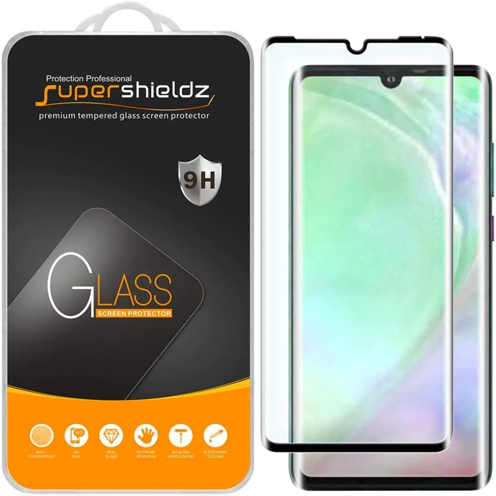 محافظ صفحه نمایش شیشه ای حرارت دیده سوپرشیلدز (2 عددی) برای هوآوی (P30 Pro)، پوشش کامل، شیشه منحنی سه بعدی، ضد خش، بدون حباب (مشکی)