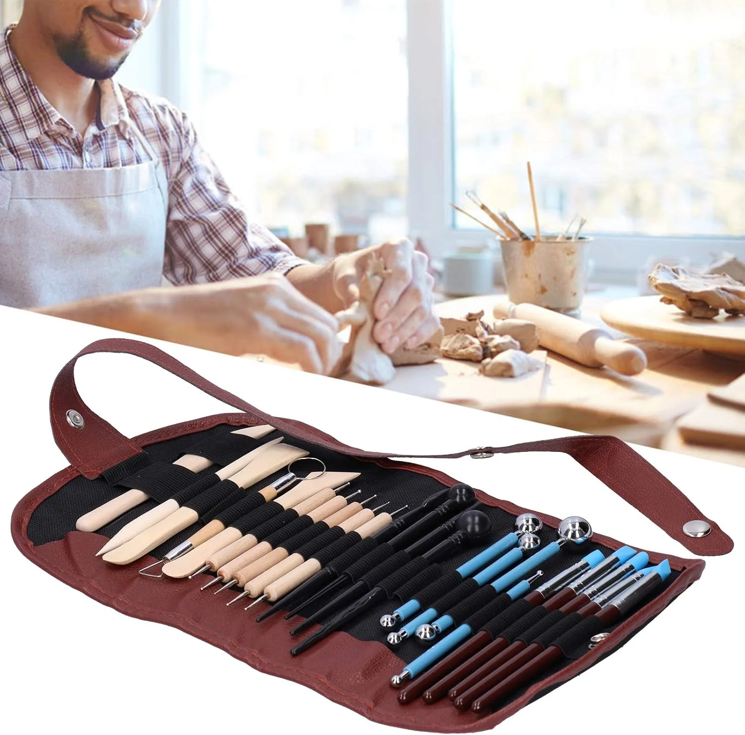 ابزار مجسمه سازی خاک رس، ست مجسمه سازی خاک رس چند منظوره بادوام و کاربردی لوازم جانبی سفالگری با کیف های نگهداری برای هنر ناخن