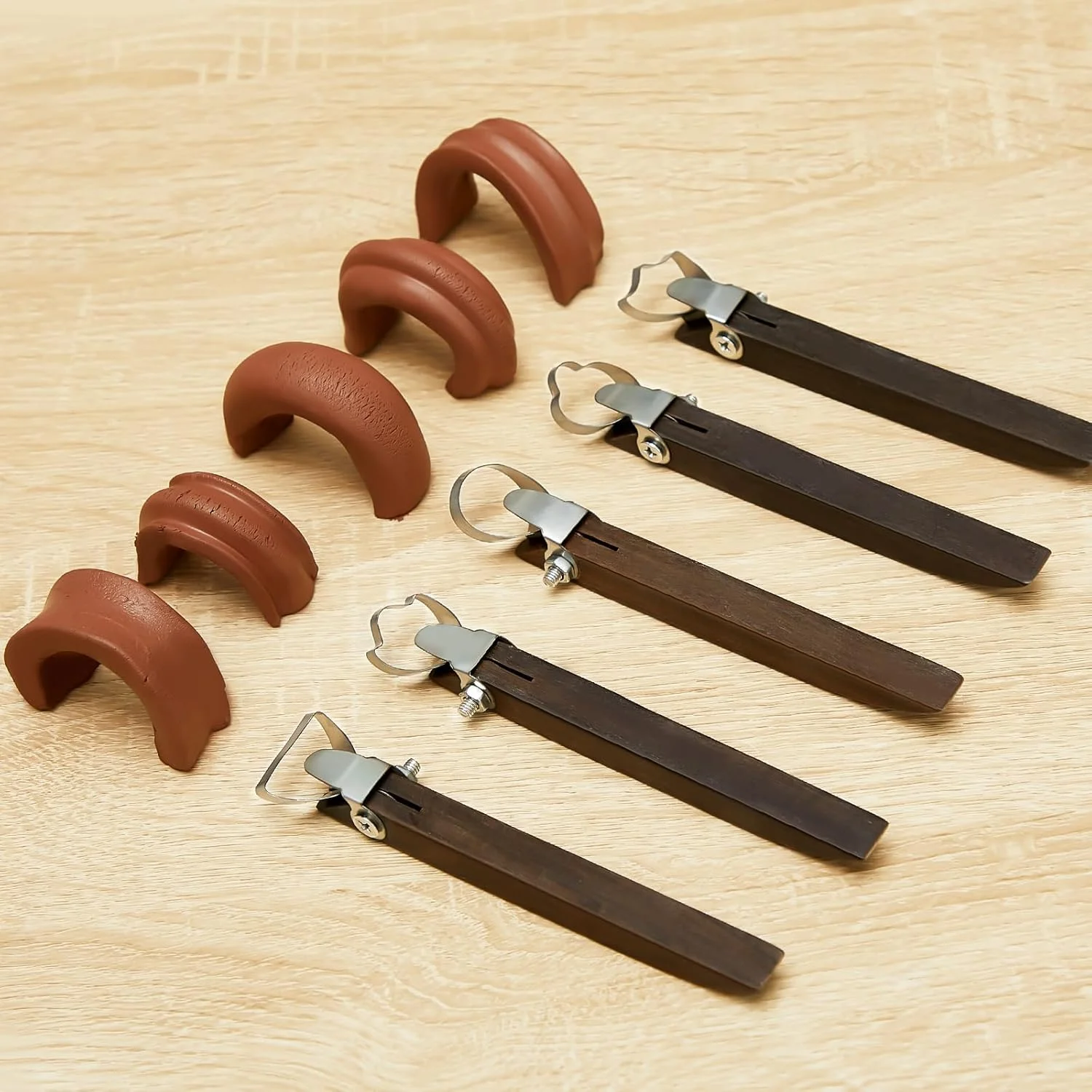 ابزار مجسمه سازی ترون، شامل 5 تکه، اکسترودر خمیر رس، ابزار حکاکی سفالگری، ابزار شکل دهی دسته فنجان سفالی، برشگرهای خمیر رس دسته لیوان چای با دسته چوبی برای ساخت فنجان، مجسمه سازی سرامیکی