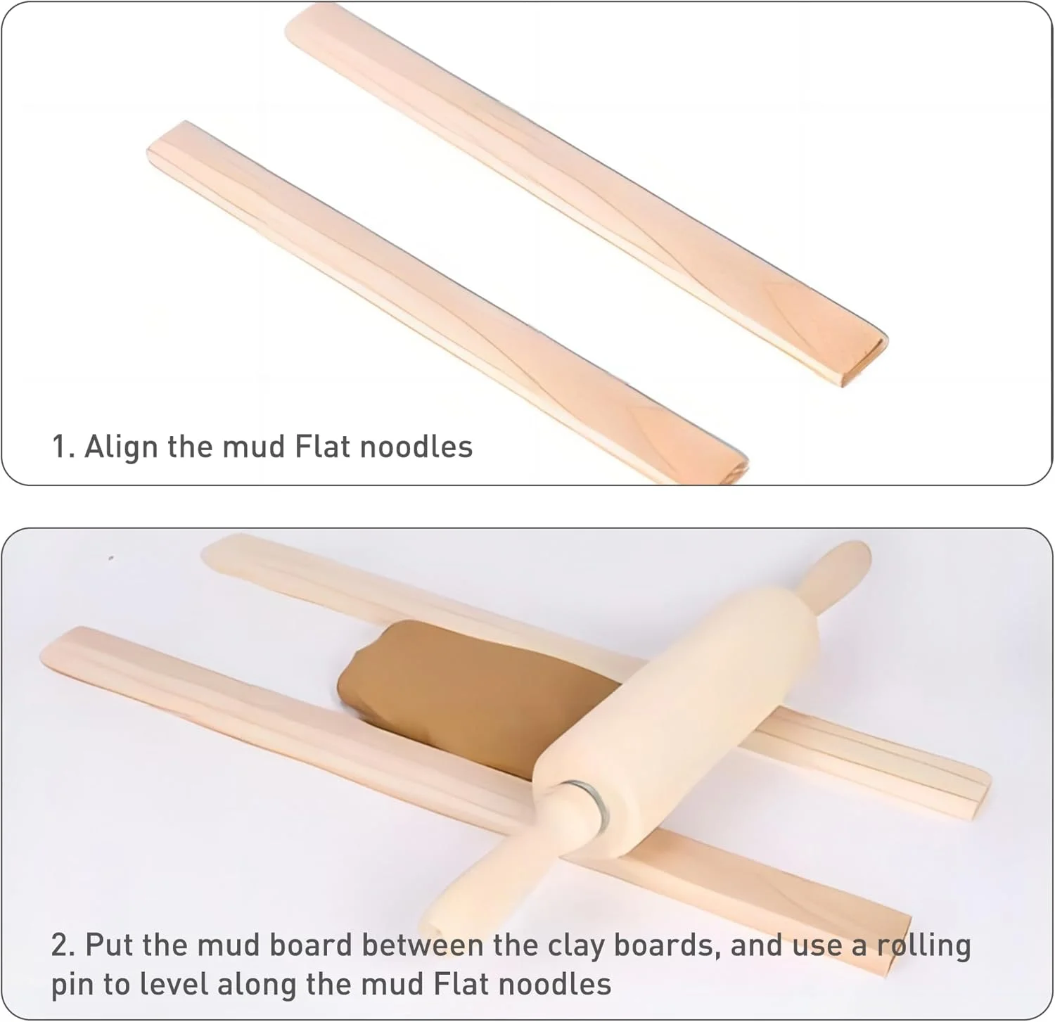 10 عدد ابزار سفالگری، میله های راهنمای غلتکی سفالگری، تخته های چوبی برای ضخامت خمیر پلیمری سفال