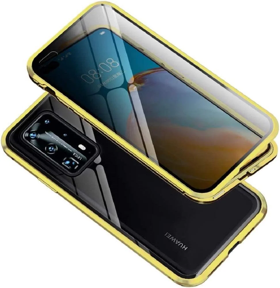 کاور آهنربایی ضد دید SIMao برای گوشی Huawei P40 Lite، قاب فلزی با جذب مغناطیسی، محافظ صفحه نمایش شیشه ای دو طرفه، محافظ حریم خصوصی، محافظت 360 درجه، کاور ضد جاسوسی، طلایی