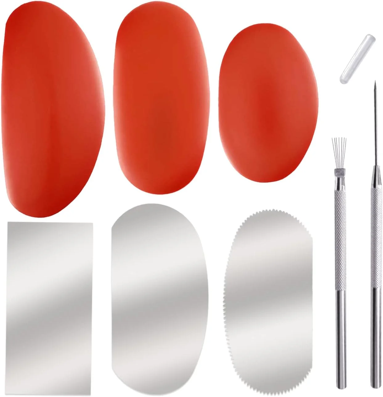 3 سایز دنده های رسی لاستیکی سفالگری + 3 عدد کاتر خراشنده قالب گیری سفالگری مجسمه سازی + 1 سوزن سرامیکی رسی + 1 ابزار جزئیات بافت سیم پر برای مجسمه سازی، بافت هنرمندان، مدل سازی سفالگر