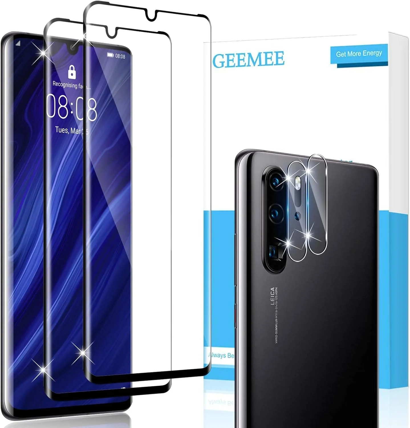 محافظ صفحه نمایش شیشه ای حرارتی GEEMEE برای Huawei P30 Pro، بسته 2 عددی محافظ صفحه نمایش با 2 محافظ دوربین، شیشه محافظ حرارتی با سختی 9H، محافظ صفحه نمایش کامل