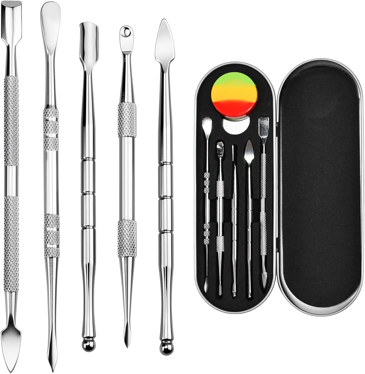 مجموعه ابزار مدلینگ 5 تکه Zuxbolf، ابزار سفالگری استیل ضد زنگ، ابزار حکاکی دو سر، ابزار خاک رس، ابزار مجسمه سازی DIY با جعبه آهنی و ظرف سیلیکونی 3 میلی لیتری برای موم، سرامیک، مجسمه ها