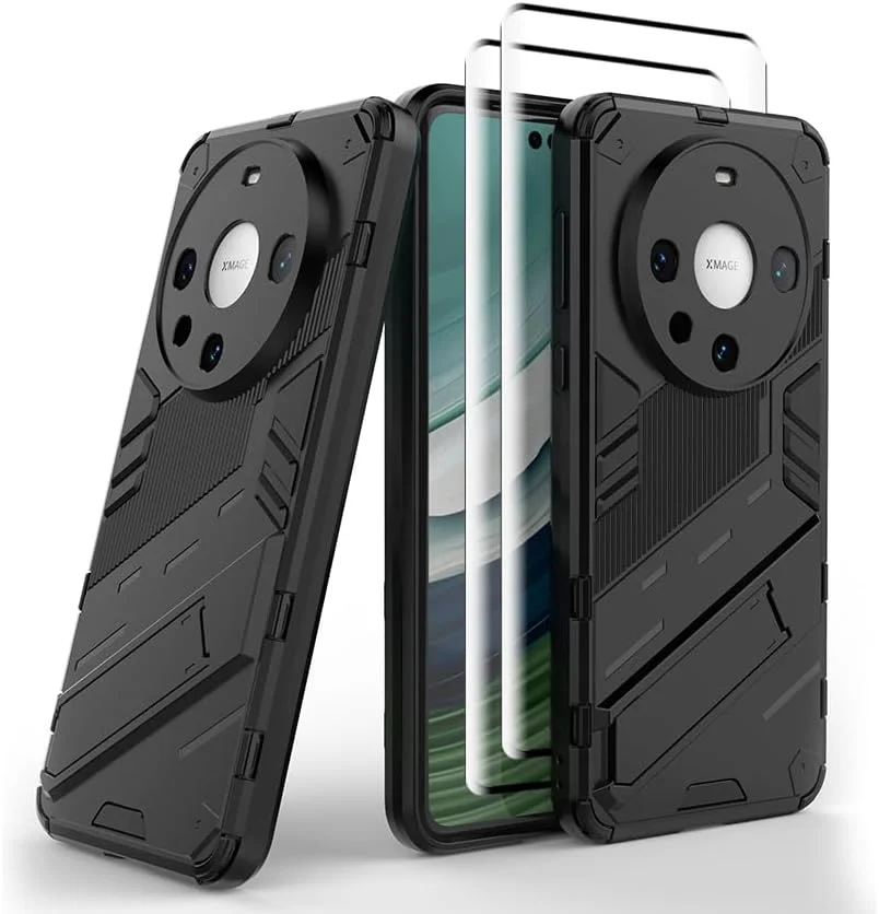 کاور محافظ گوشی هوآوی میت 60 پرو جی‌ام‌یو‌جی‌آی‌ای‌او، کاور ضد ضربه، کاور دارای استند به همراه 2 محافظ صفحه نمایش شیشه‌ای حرارت دیده - مشکی