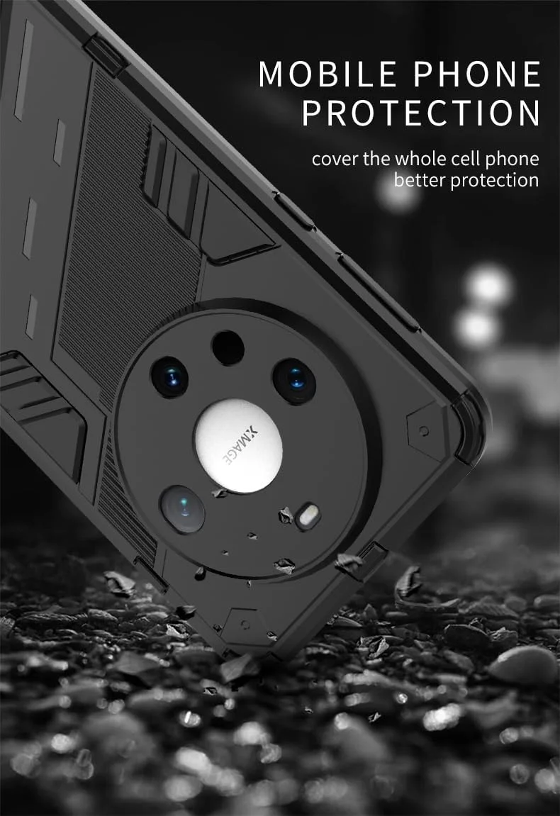 کاور محافظ گوشی هوآوی میت 60 پرو جی‌ام‌یو‌جی‌آی‌ای‌او، کاور ضد ضربه، کاور دارای استند به همراه 2 محافظ صفحه نمایش شیشه‌ای حرارت دیده - مشکی