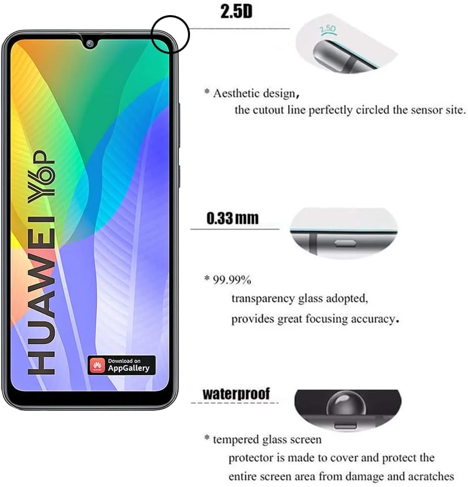 محافظ صفحه نمایش شیشه ای حرارت دیده Tzstz 3 عددی، برای هوآوی Y6P، سختی 9H، ضد خش، ضد آب، سازگار با اثر انگشت، محافظ صفحه نمایش شفاف HD