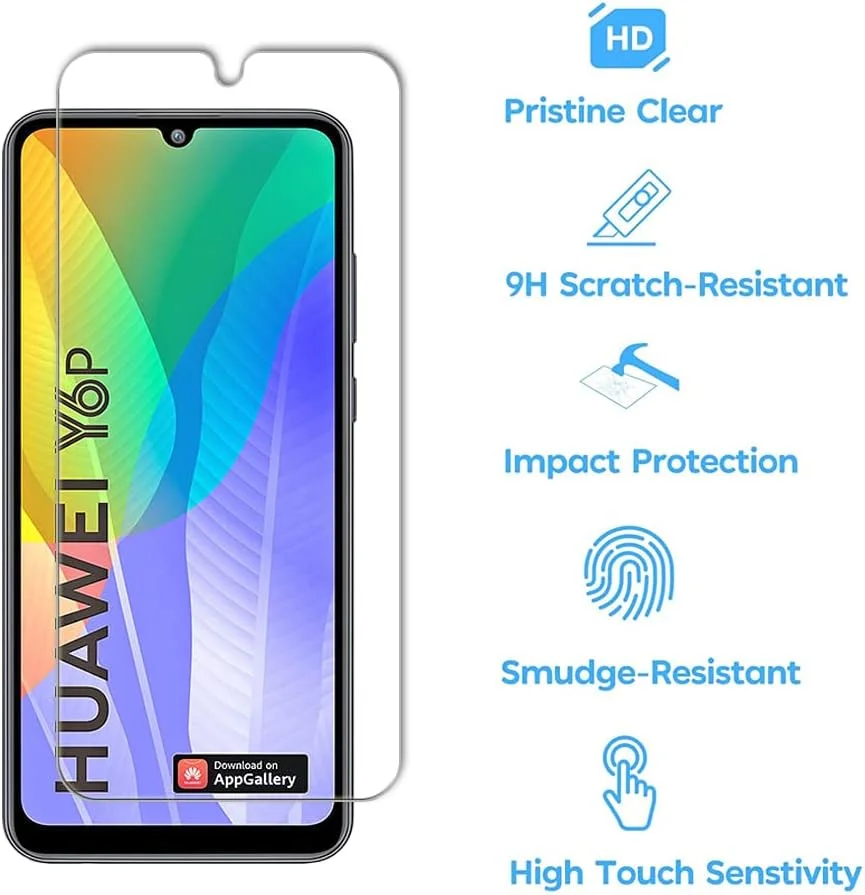 محافظ صفحه نمایش شیشه ای حرارت دیده Tzstz 3 عددی، برای هوآوی Y6P، سختی 9H، ضد خش، ضد آب، سازگار با اثر انگشت، محافظ صفحه نمایش شفاف HD