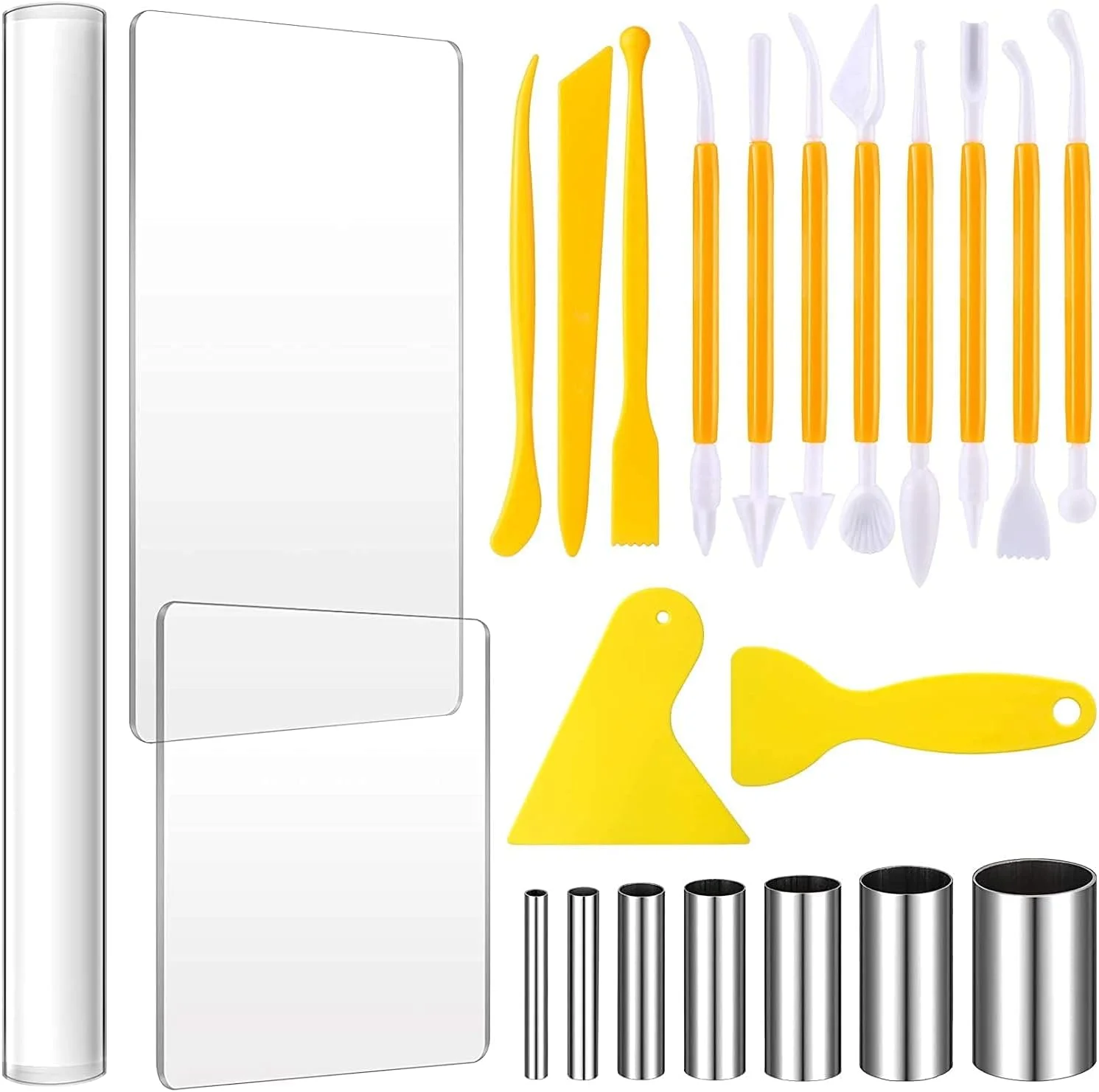 مجموعه ابزار سفال خزنه، 23 تکه شامل وردنه اکریلیک، ورق اکریلیک، تخته پشتی اسکراپر پلاستیکی، برش دایره ای شکل استیل ضد زنگ، ابزار شکل دهی خمیر پلیمری پلاستیکی برای کاردستی DIY