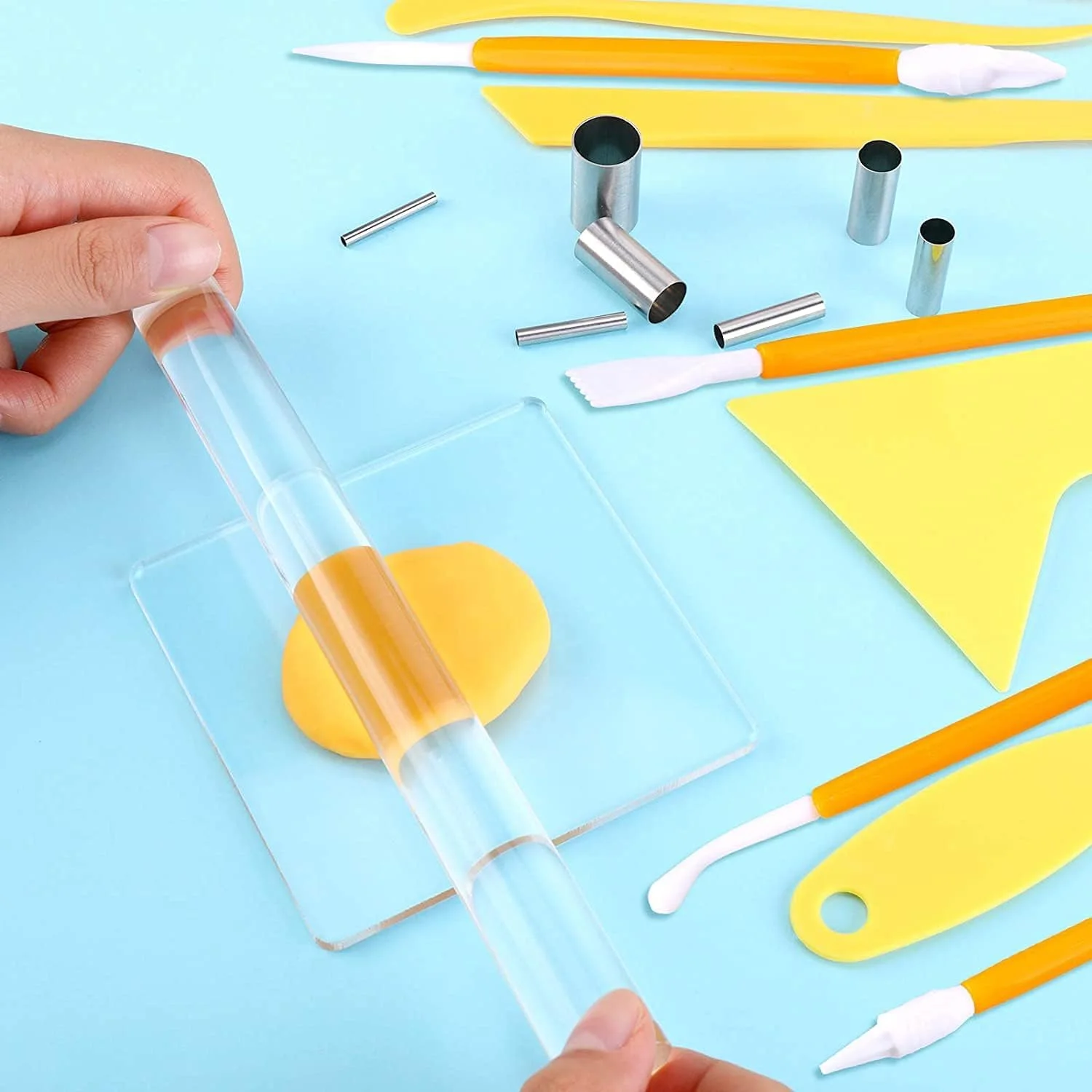 مجموعه ابزار سفال خزنه، 23 تکه شامل وردنه اکریلیک، ورق اکریلیک، تخته پشتی اسکراپر پلاستیکی، برش دایره ای شکل استیل ضد زنگ، ابزار شکل دهی خمیر پلیمری پلاستیکی برای کاردستی DIY
