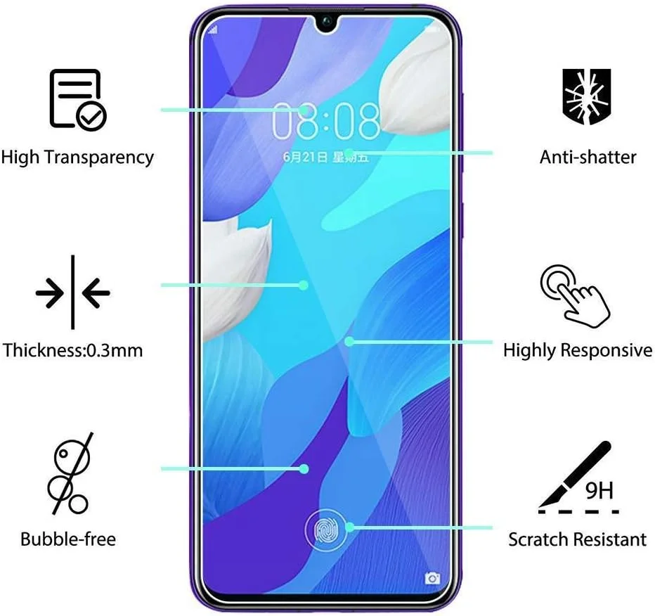محافظ صفحه نمایش شیشه ای حرارت دیده 9H 2.5D هوآوی نوا 5، 5T، 5i، 5 پرو و هوآوی P20 لایت 2019، بسته 3 عددی، فیلم محافظ شفاف