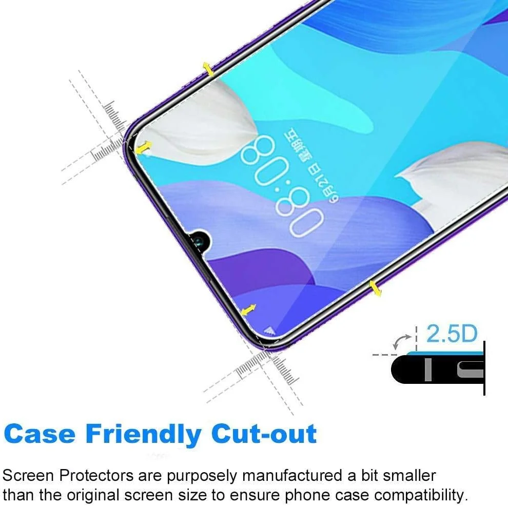 محافظ صفحه نمایش شیشه ای حرارت دیده 9H 2.5D هوآوی نوا 5، 5T، 5i، 5 پرو و هوآوی P20 لایت 2019، بسته 3 عددی، فیلم محافظ شفاف