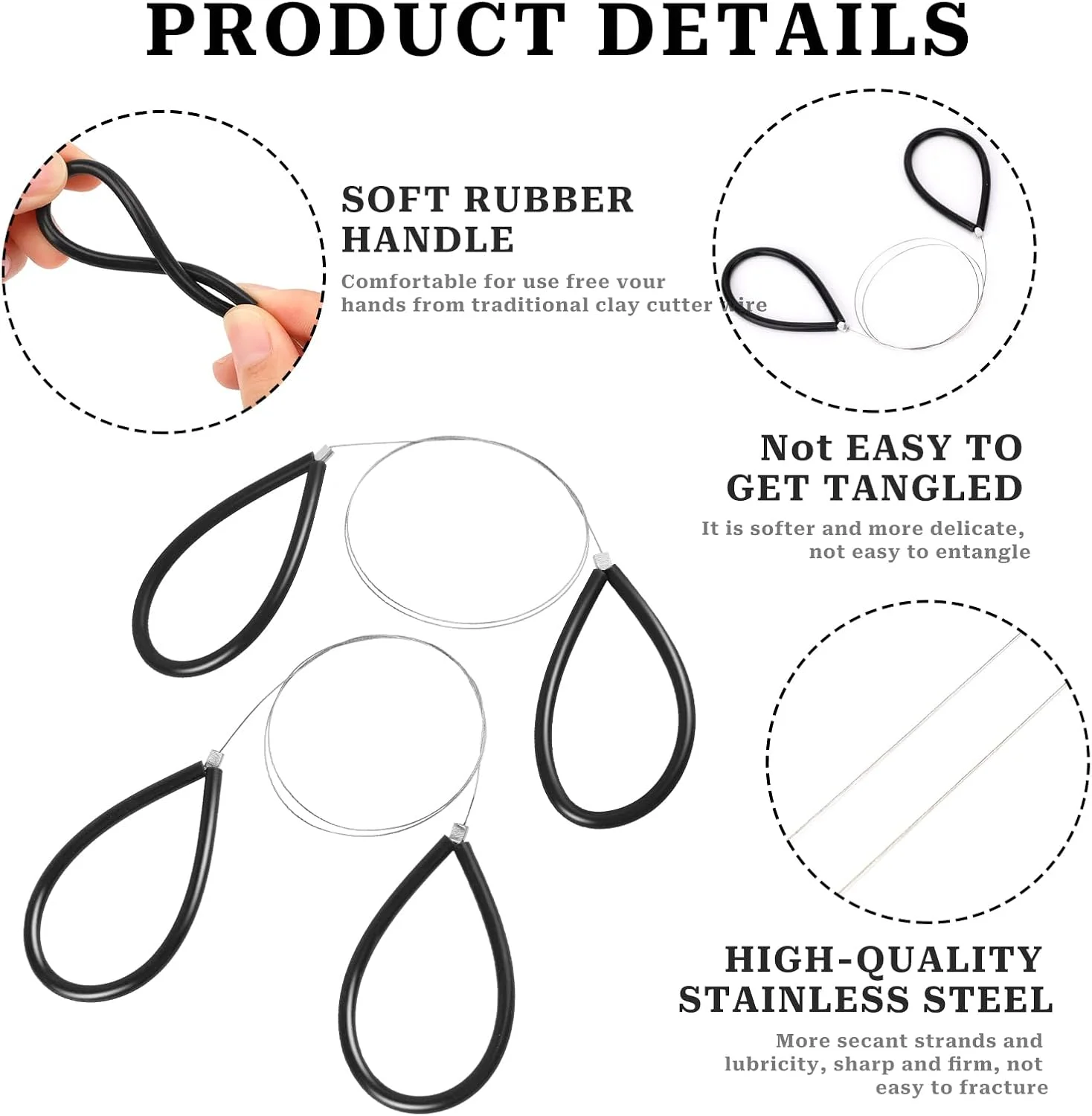 سیم برش خاک رس کالیون، سیم فولادی برش خاک رس، ابزارهای برش سفالگری، ابزارهای برش برای هنرمندان خاک رس با دسته مشکی، ابزار سیم چرخ سفالگری 2 عدد