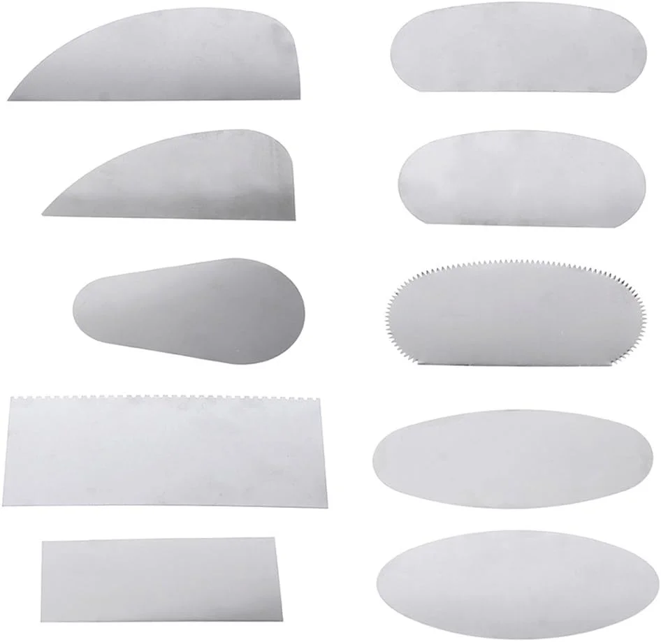 ست 10 عددی کاردک های سفالی لیساکامت، کاردک های فولادی برای پلیمر، کاتر فولادی، ابزارهای دندانه دار سرامیکی، کاردک های فولادی نقره ای