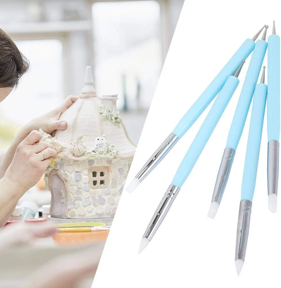 ست 5 عددی ابزار مجسمه سازی رسی سیلیکونی دو سر، برس های نقاشی شکل رنگی انعطاف پذیر برای مجسمه سازی سفالگری