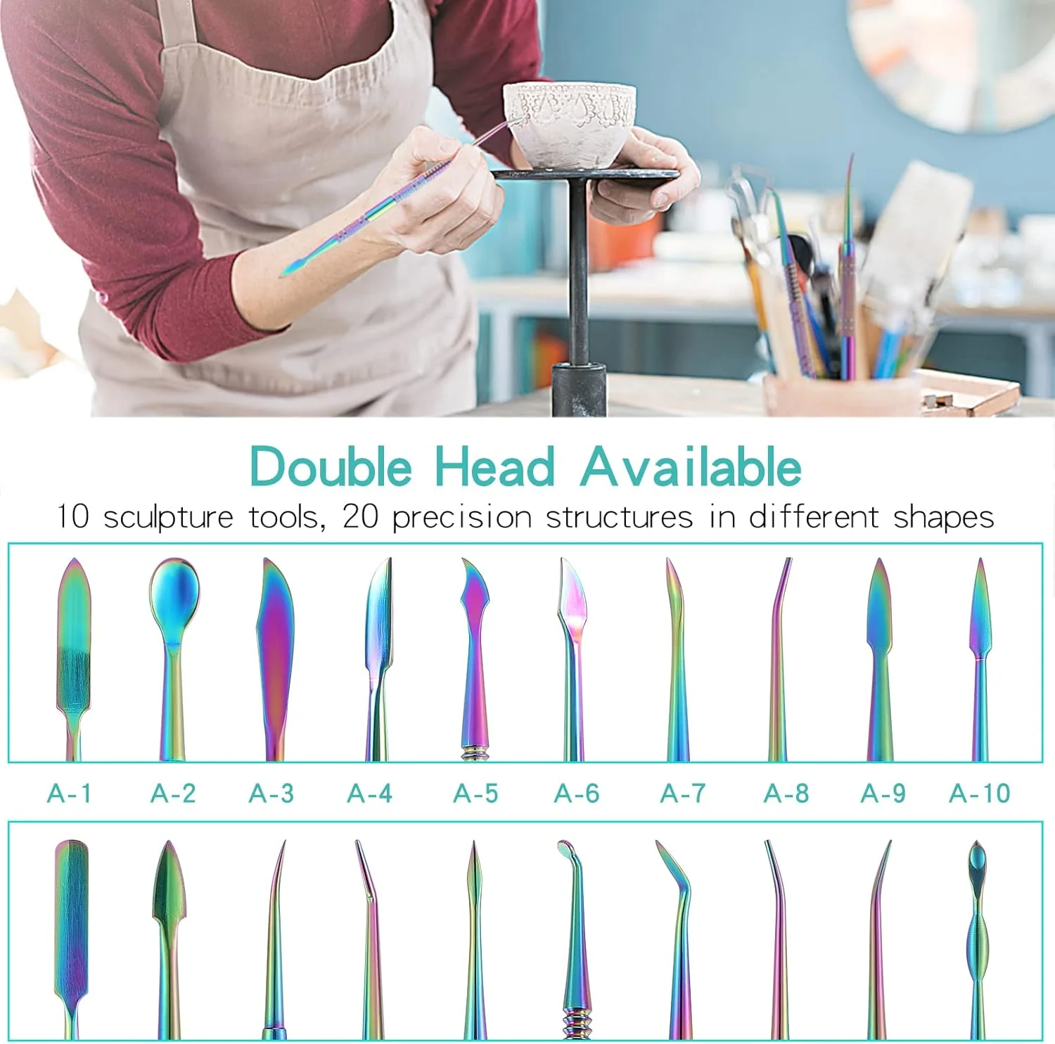 مجموعه ابزار حکاکی موم و رس کولتی شامل 10 عدد ابزار دو سر از جنس استیل ضد زنگ، مناسب برای مجسمه سازی، حکاکی و کارهای DIY، به همراه کیف حمل برای مجسمه سازی، جزئیات، سفالگری و کنده کاری