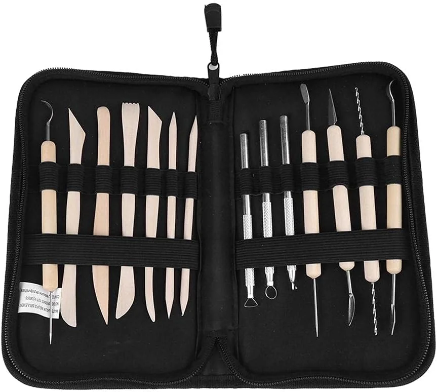 ست مجسمه سازی با خاک رس، ست 14 عددی مجسمه سازی با خاک رس، ابزار حکاکی سفال و موم چوبی، ابزار حکاکی مجسمه سازی صنایع دستی DIY