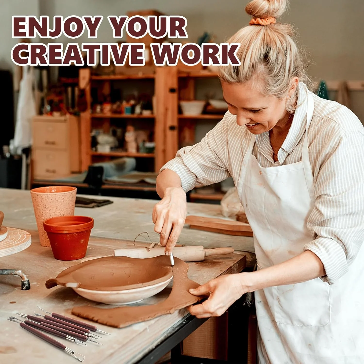 ست ابزار سفالگری 6 عددی، ابزار حکاکی پلیمری دو طرفه، ست ابزار سرامیکی چوبی برای سفالگری، خاک رس خشک شونده در هوا، خاک رس پلیمری، مجسمه سازی، مدل سازی، حکاکی کدو تنبل، حکاکی صابون و لوازم