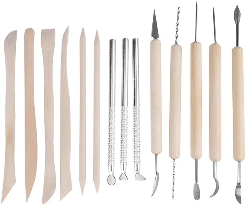 ست مجسمه سازی با خاک رس، ست 14 عددی مجسمه سازی با خاک رس، ابزار حکاکی سفال و موم چوبی، ابزار حکاکی مجسمه سازی صنایع دستی DIY