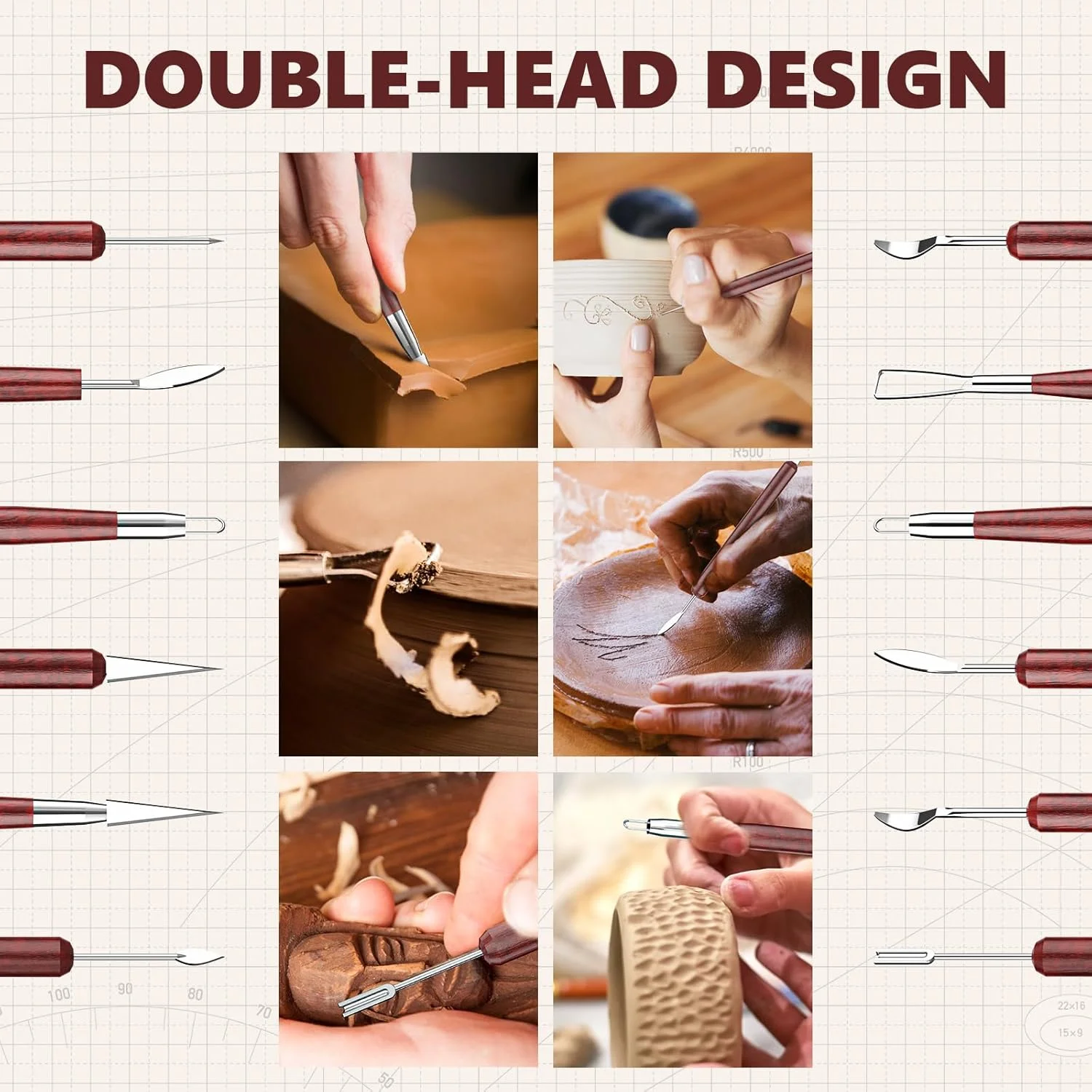 ست ابزار سفالگری 6 عددی، ابزار حکاکی پلیمری دو طرفه، ست ابزار سرامیکی چوبی برای سفالگری، خاک رس خشک شونده در هوا، خاک رس پلیمری، مجسمه سازی، مدل سازی، حکاکی کدو تنبل، حکاکی صابون و لوازم