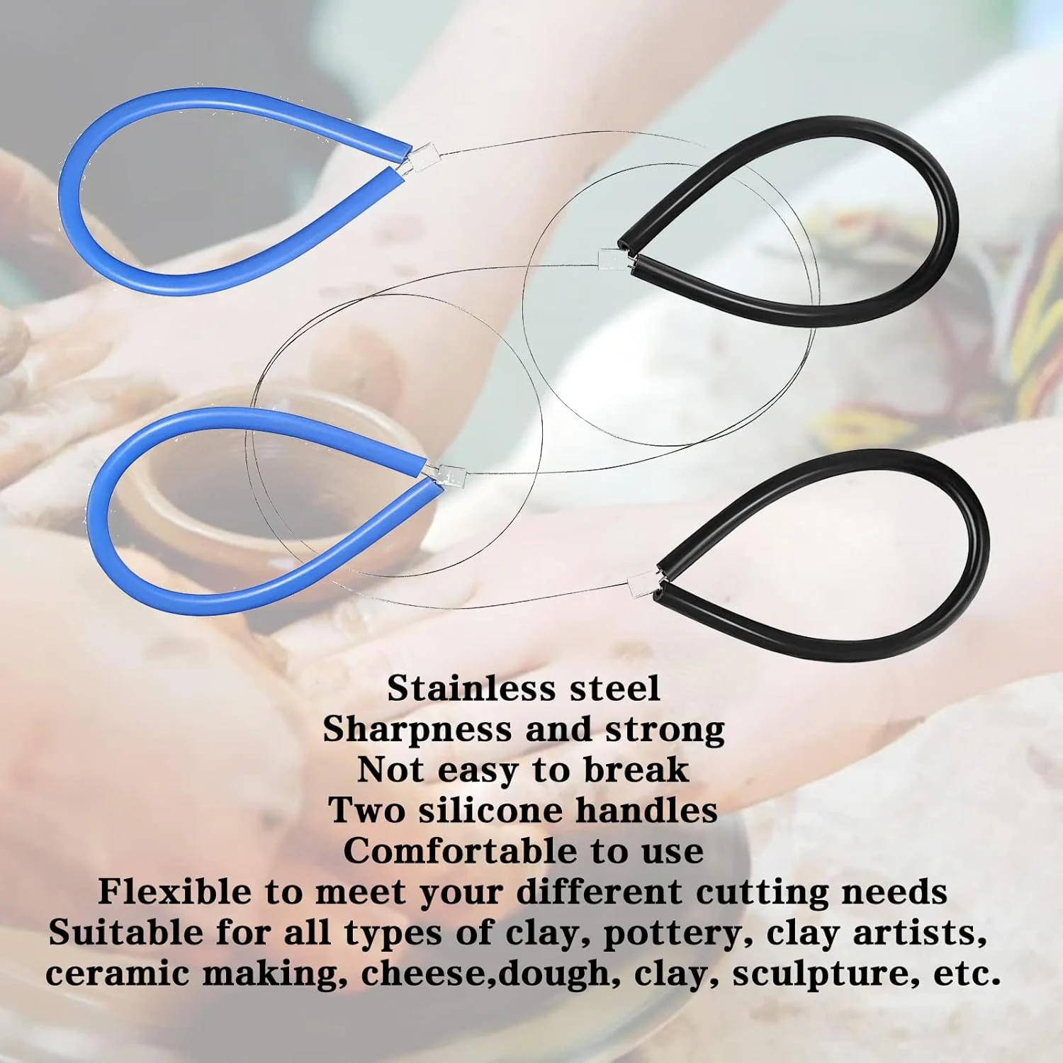 ست 4 عددی سیم برش خاک رس، ابزار برش انعطاف پذیر و ایمن از جنس استیل ضد زنگ برای هنرمندان سفالگری به همراه دسته مشکی