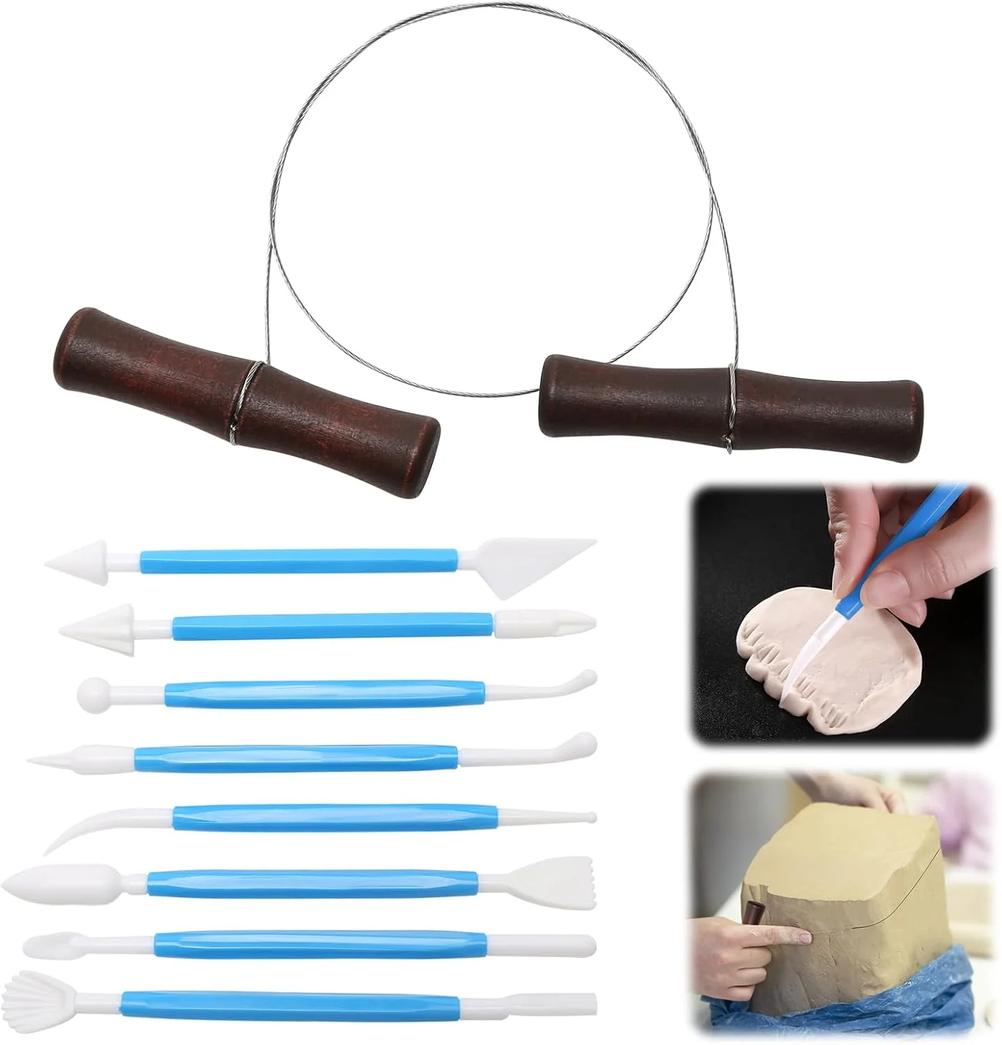 مجموعه ابزار سفالگری سرامیکی TENTHPEO، 1 عدد سیم برش پنیر با دسته چوبی و 8 عدد ابزار سفالی برای شکل دادن، سیم پیچ خورده استیل ضد زنگ، ابزار سیم برش خاک رس برای مجسمه سازی سفالگری آثار هنری