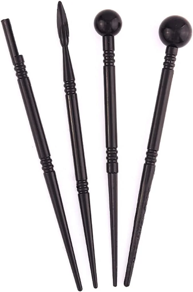 مجموعه 4 عددی ابزار مجسمه سازی سفالی دو سر پلاستیکی مشکی Mollensiuer، قلم فرورفتگی، ابزار مجسمه سازی سفالی، ابزار تزئین فوندانت کیک