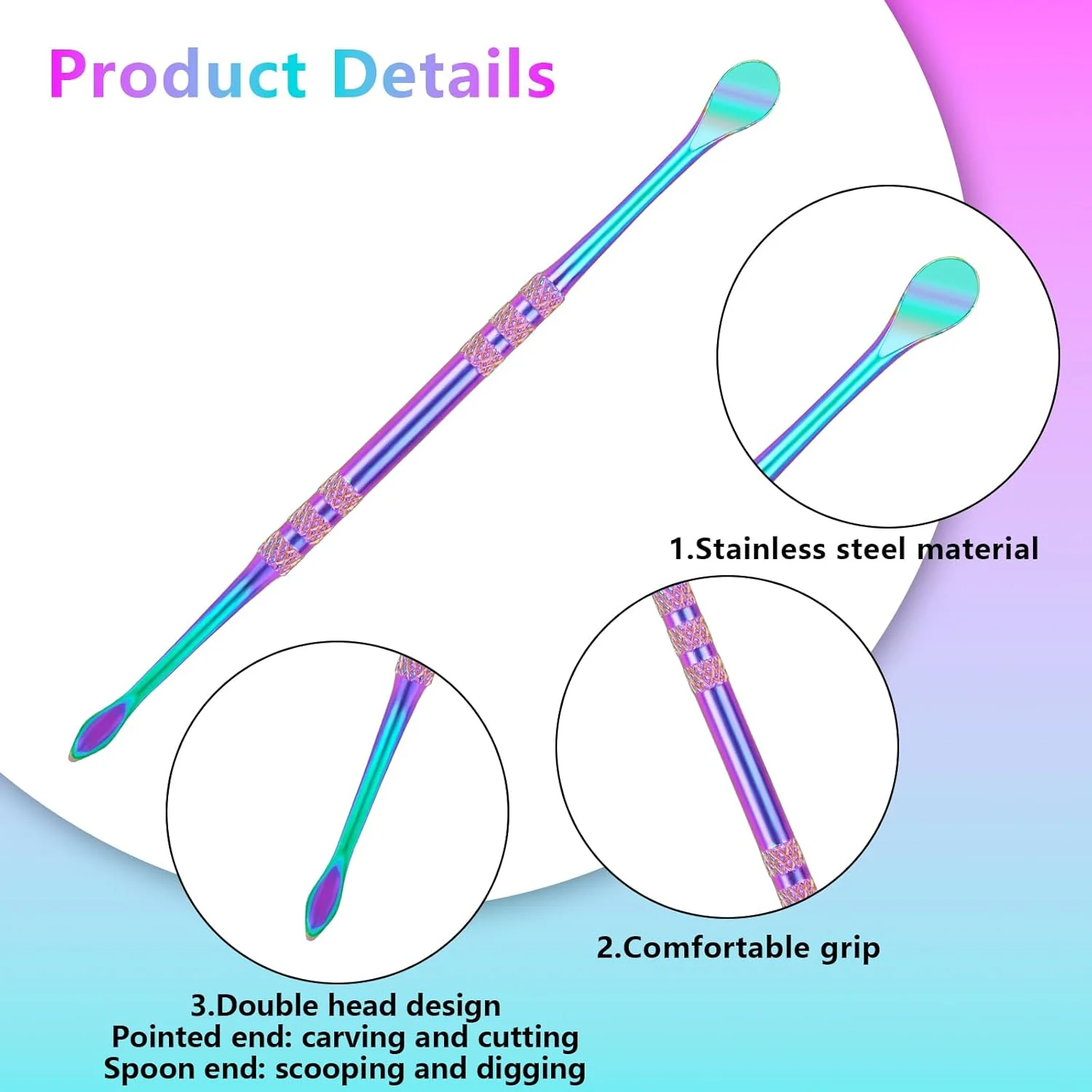 ابزار حکاکی موم ۳ عددی LLOUSSAK، فولاد ضد زنگ، ابزار قاشق مجسمه سازی دو طرفه، ست ابزار ریگ موم 4.8 اینچی، کیت ابزار حکاکی موم برای مدل سازی جزئیات سفال (نقره ای رنگین کمانی طلایی)