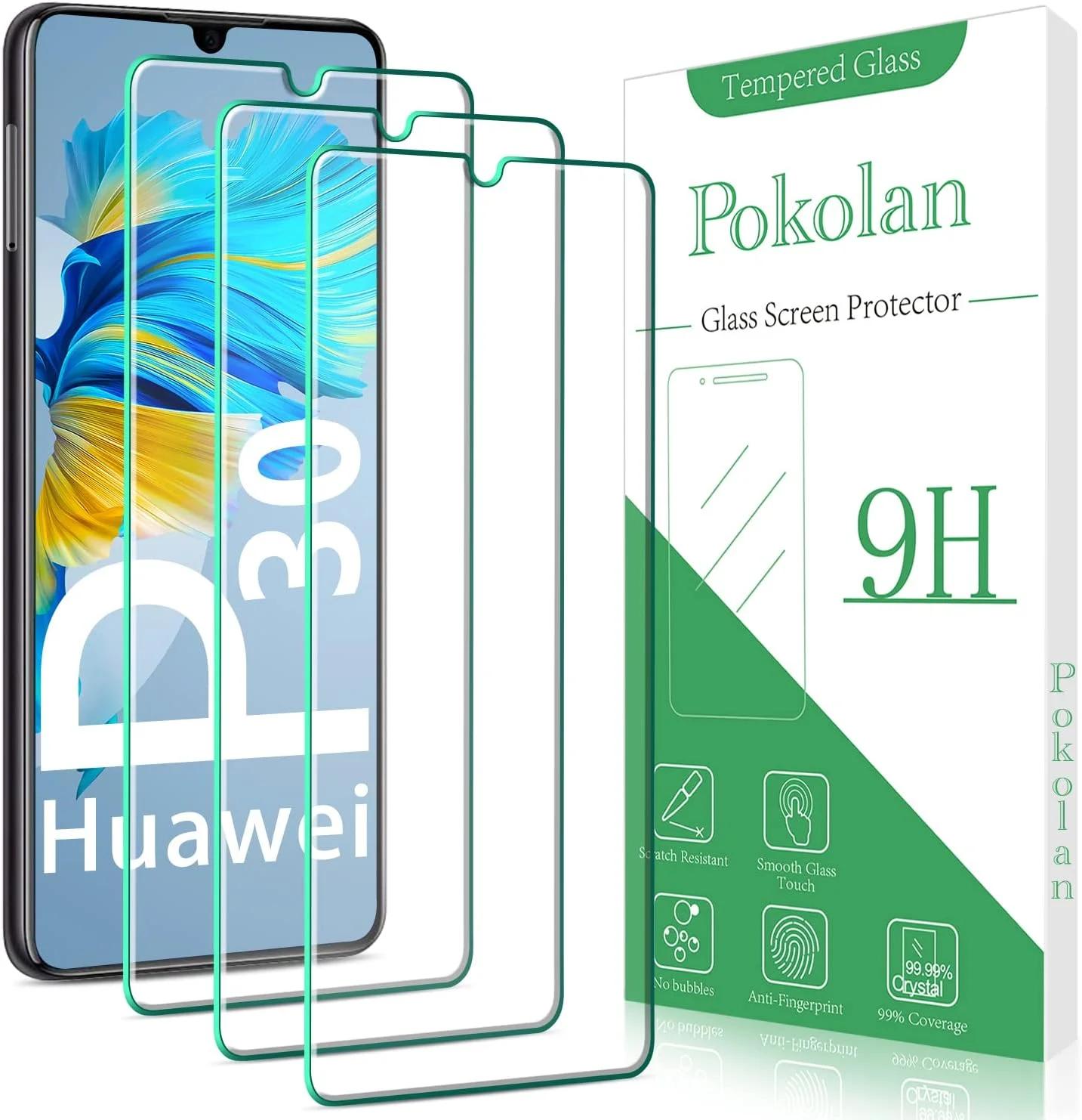 محافظ صفحه نمایش پوکولان (بسته 3 عددی) برای هواوی P30، شیشه حرارت دیده، لبه گرد 2.5 بعدی، سختی 9H، سازگار با قاب، بدون حباب، ضد خش، نصب آسان