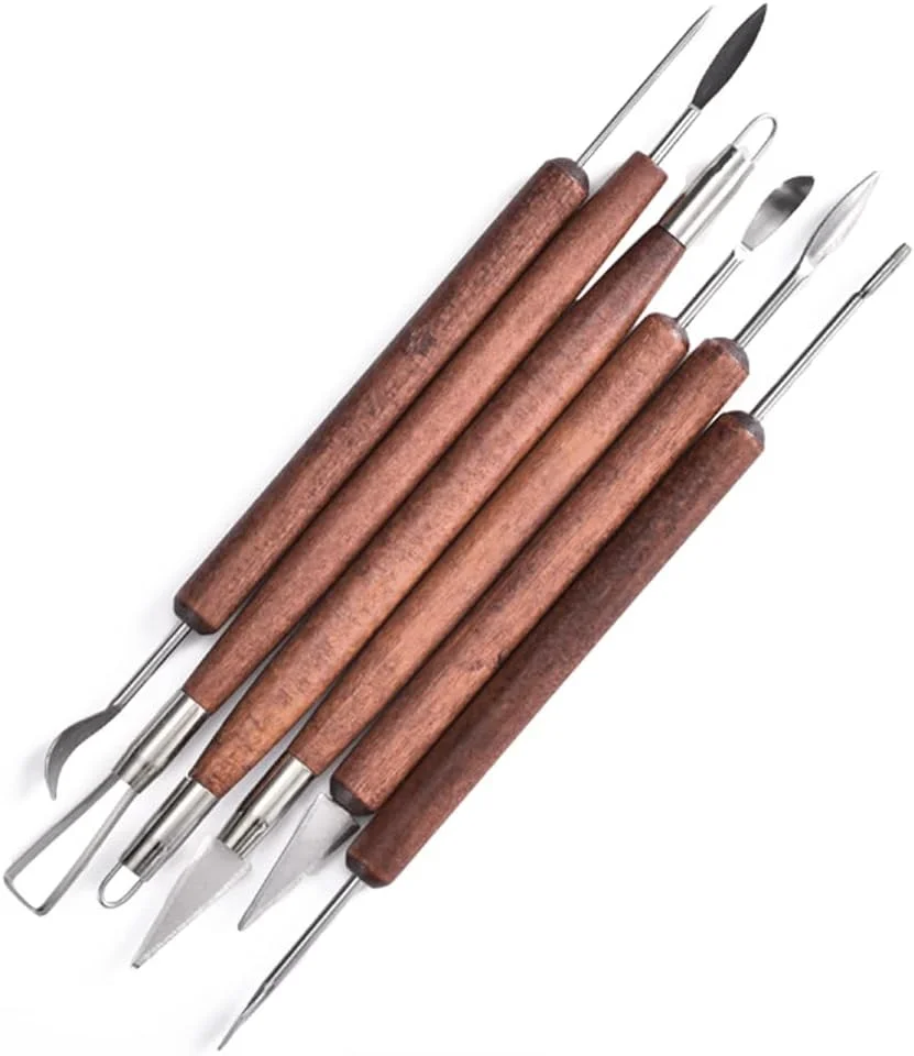 مجموعه 6 عددی ابزار مجسمه سازی خاک رس ZACI با دسته چوبی، مناسب برای حکاکی سرامیک، سفالگری، مجسمه سازی و مدل سازی (قهوه ای)