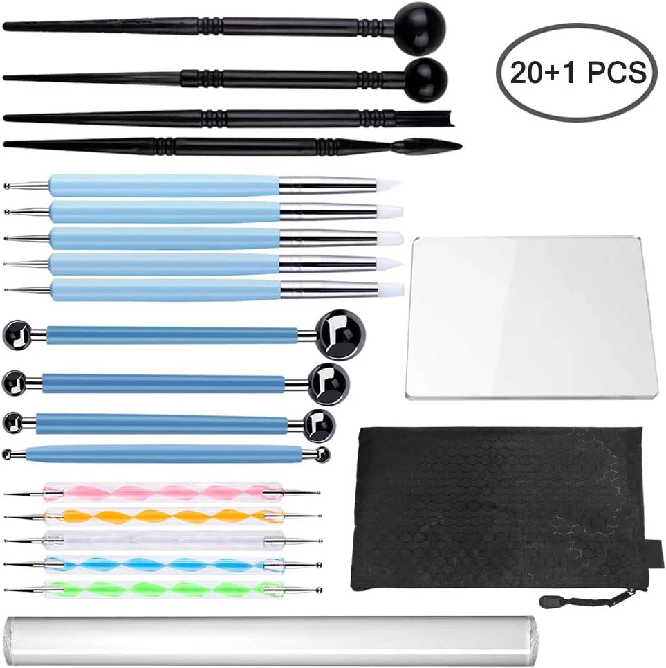 مجموعه 20 عددی ابزار مجسمه سازی خمیر پلیمری SENHAI، ابزار نقطه گذاری، ابزار فرورفتگی خمیر سرامیکی برای مجسمه سازی سفال، نقاشی روی سنگ، برجسته سازی حکاکی هنری و طراحی ناخن، شامل یک کیف حمل