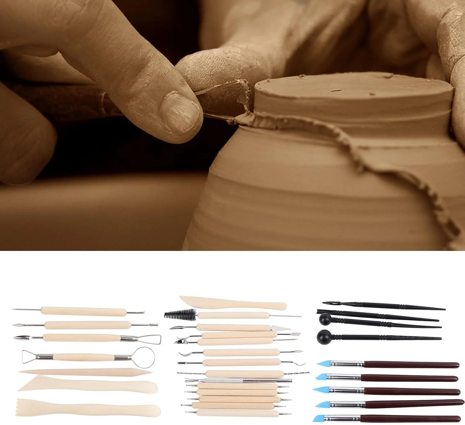 ابزار مجسمه سازی رسی DAUZ، 30 تکه ابزار رسی پلیمری چوبی فلزی پلاستیکی برای پروژه هنری