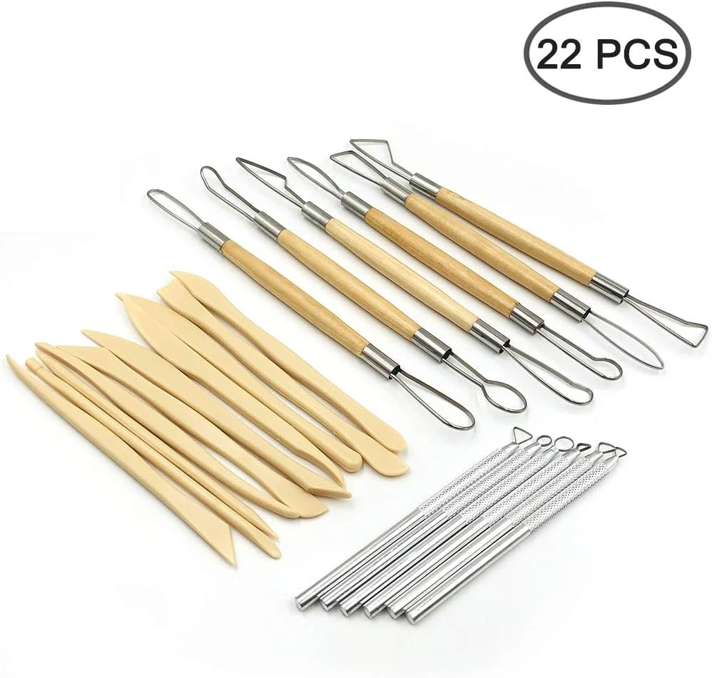 ابزار مجسمه سازی سفالی AIFUDA - 22 عدد ابزار حکاکی دسته چوبی و فلزی و پلاستیکی برای شکل دادن به خاک رس برای فرورفتگی سرامیک