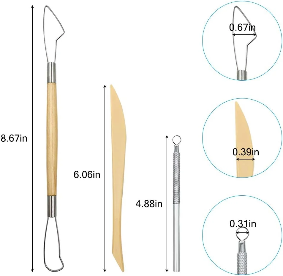 ابزار مجسمه سازی سفالی AIFUDA - 22 عدد ابزار حکاکی دسته چوبی و فلزی و پلاستیکی برای شکل دادن به خاک رس برای فرورفتگی سرامیک