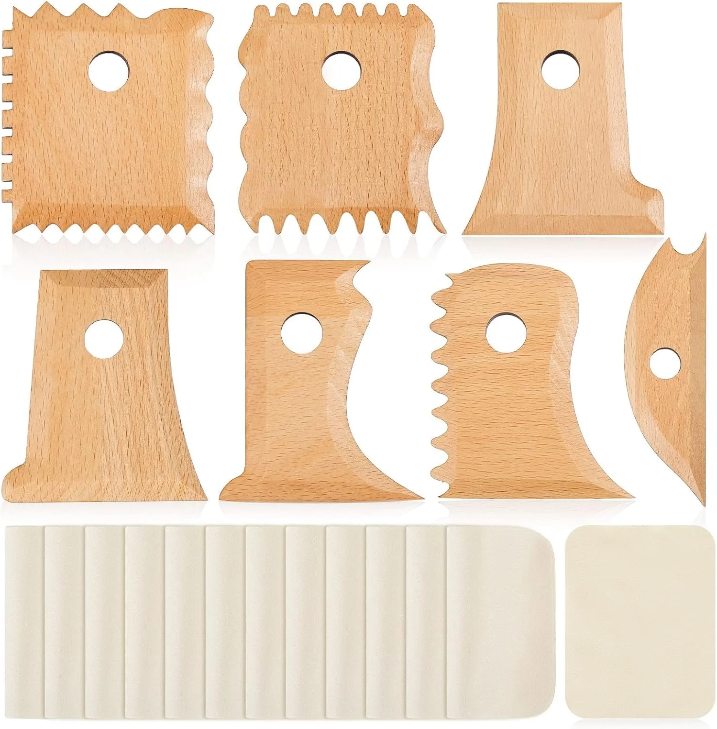 مجموعه ابزار پرداخت سفال تزویق شامل 27 قطعه، ابزار دنده سفالگری، ابزار سرامیک، شکل دهنده پایه با 20 عدد پارچه از پیش برش خورده و پایه چوبی برای حکاکی قالب های رسی، بافت رسی، لوازم سرامیک