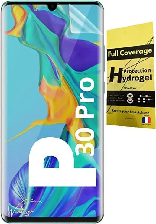 WardSan [بسته 2 عددی محافظ صفحه نمایش هیدروژل سه بعدی برای گوشی هوآوی P30 Pro به همراه هولدر انگشتی تلفن برای سلفی | ضد ضربه | سازگار با قاب های TPU | فیلم محافظ TPU نرم