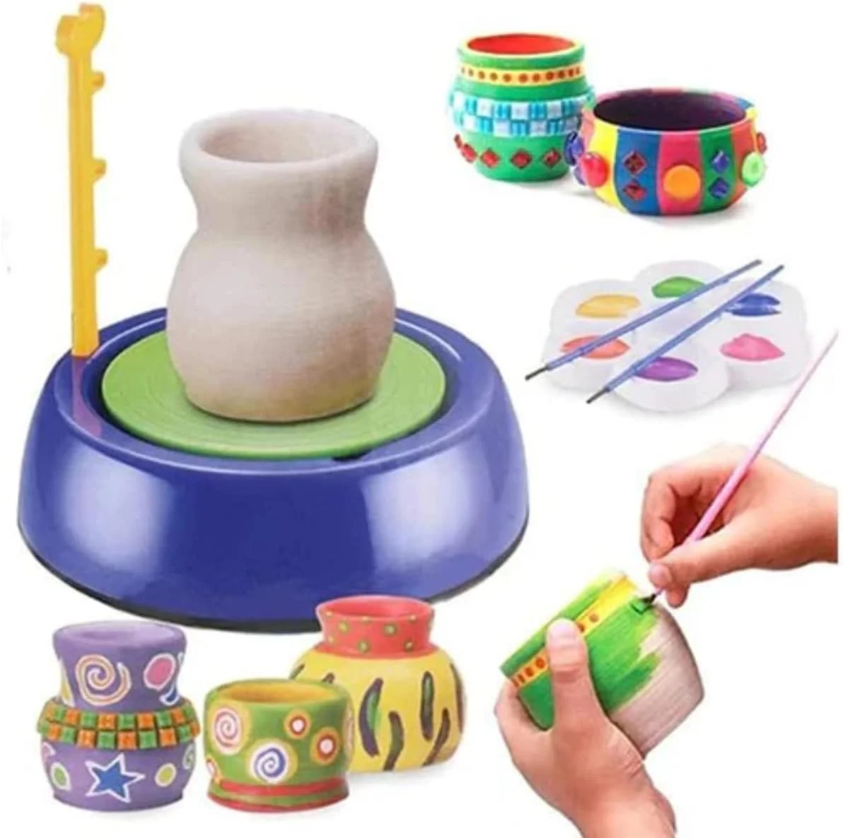 کیت هنر و کاردستی چرخ سفالگری کودکان - دستگاه سرامیک، خاک رس خشک شونده در هوا، ابزارهای مجسمه سازی، استودیوی سفالگری DIY، ست کاردستی مبتدی برای سنین 8 سال به بالا، بازی چرخ سفالگری، کیت نقاشی، ست سفالگری کودکان