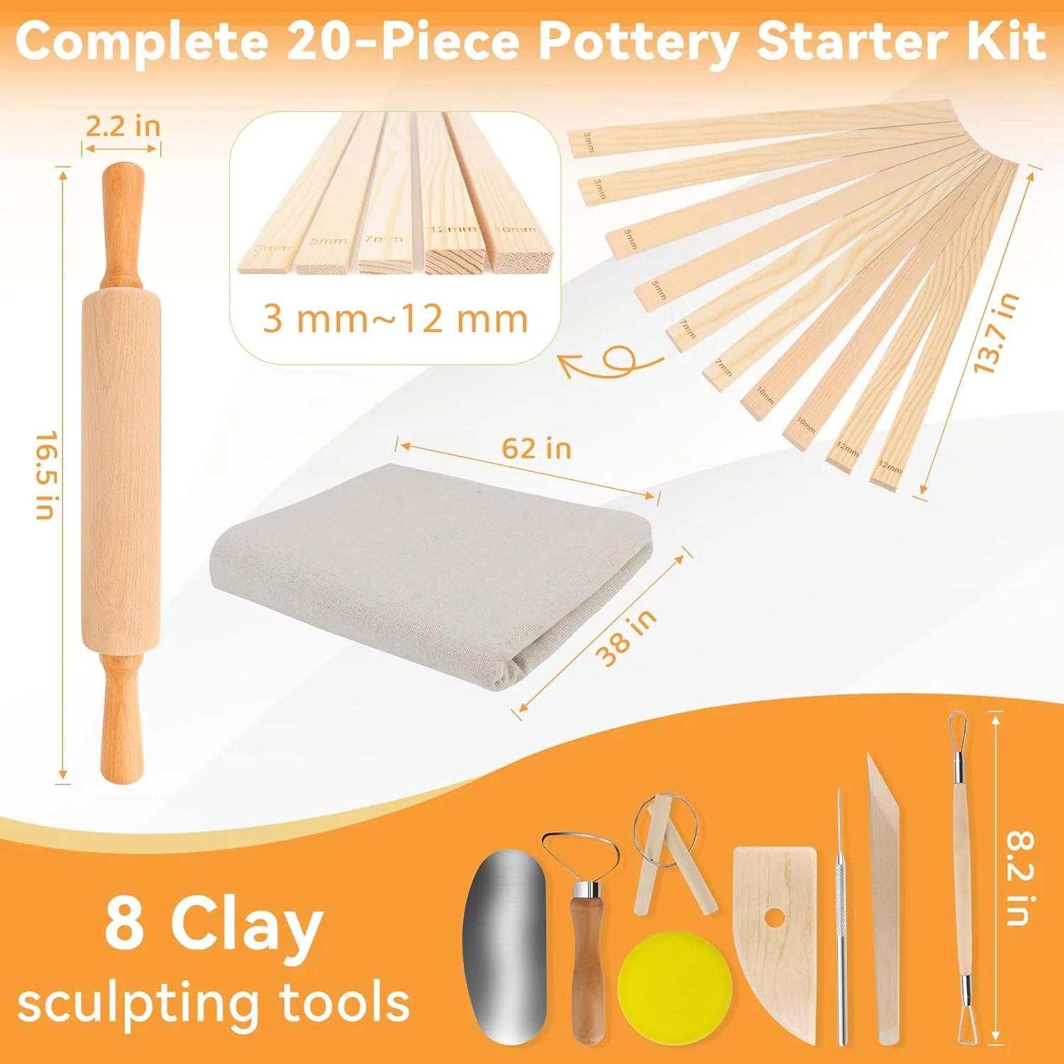 ست آموزش سفالگری 20 تکه Pletpet، شامل 1 وردنه چوبی، 10 میله غلتکی گلی آموزشی سفالگری، 8 ابزار مجسمه سازی خاک رس و 1 پارچه کتانی ممتاز برای سرامیک، خاک رس پلیمری و مبتدیان