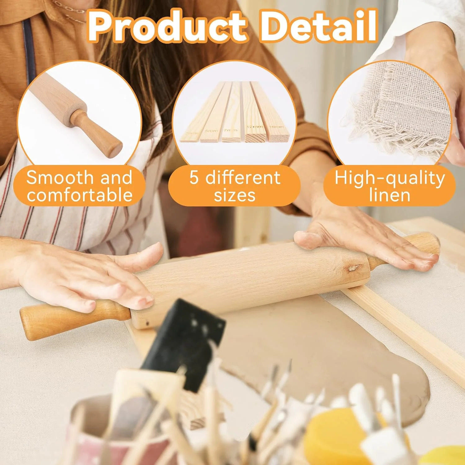 ست آموزش سفالگری 20 تکه Pletpet، شامل 1 وردنه چوبی، 10 میله غلتکی گلی آموزشی سفالگری، 8 ابزار مجسمه سازی خاک رس و 1 پارچه کتانی ممتاز برای سرامیک، خاک رس پلیمری و مبتدیان