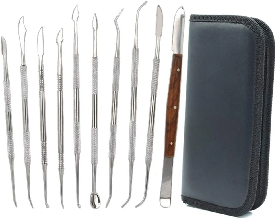 ابزار حکاکی موم Pveath، ست 10 عددی ابزار مجسمه سازی و حکاکی خاک رس موم استیل ضد زنگ دو طرفه، ست کاردک اسکنه و کیف حمل برای مجسمه سازی، جزئیات، حکاکی سفالگری (1) (1)