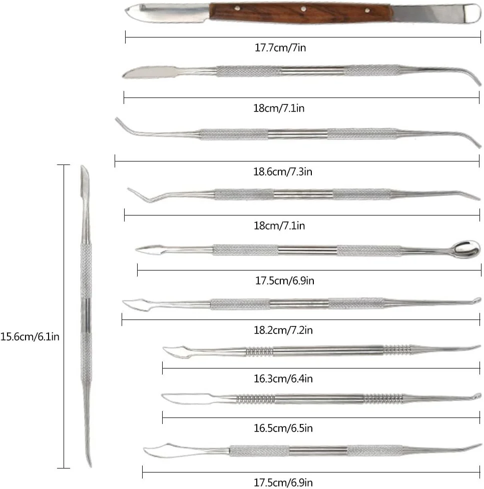 ابزار حکاکی موم Pveath، ست 10 عددی ابزار مجسمه سازی و حکاکی خاک رس موم استیل ضد زنگ دو طرفه، ست کاردک اسکنه و کیف حمل برای مجسمه سازی، جزئیات، حکاکی سفالگری (1) (1)
