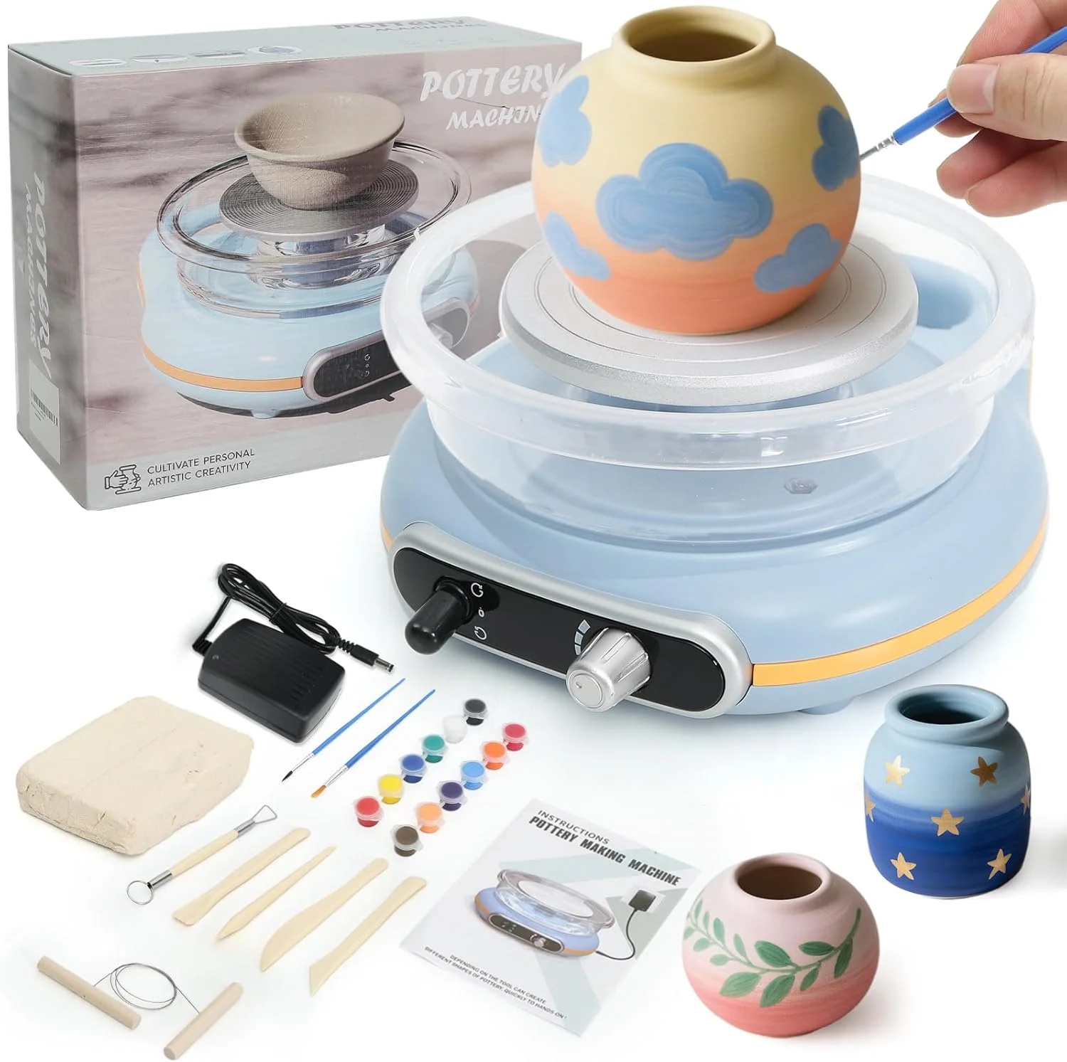 چرخ سفالگری MZOKUU برای کودکان و مبتدیان، چرخ گلی ارتقا یافته 4.7 اینچی با سرعت قابل تنظیم، چرخش دو طرفه، کیت ساخت سرامیک چرخ سفالگری مینی با ابزار مجسمه سازی، ایده آل برای DIY خانگی