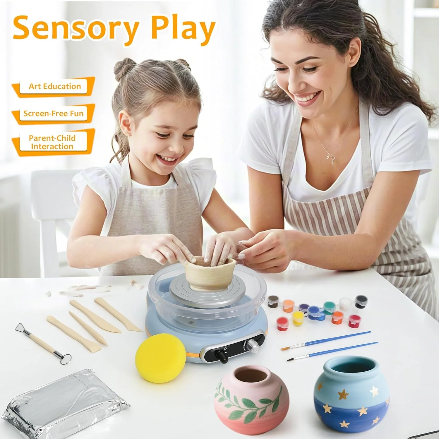 چرخ سفالگری MZOKUU برای کودکان و مبتدیان، چرخ گلی ارتقا یافته 4.7 اینچی با سرعت قابل تنظیم، چرخش دو طرفه، کیت ساخت سرامیک چرخ سفالگری مینی با ابزار مجسمه سازی، ایده آل برای DIY خانگی