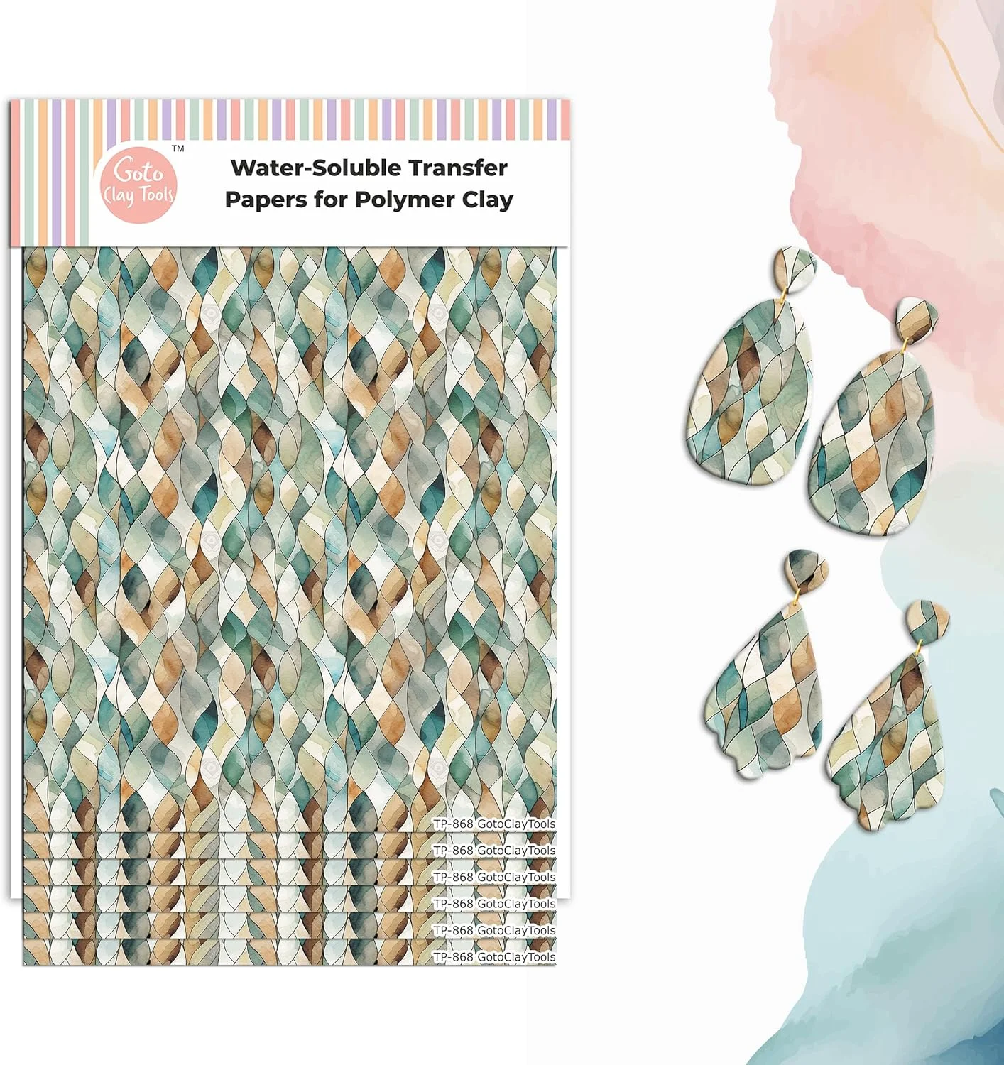 کاغذ انتقال طرح برگ آبرنگی GOTO CLAY TOOLS - 6 عدد، کاغذ انتقال طرح برای خمیر پلیمری، برگه انتقال طرح خمیر پلیمری برای ساخت جواهرات (کاغذهای انتقال محلول در آب) TPUS-868