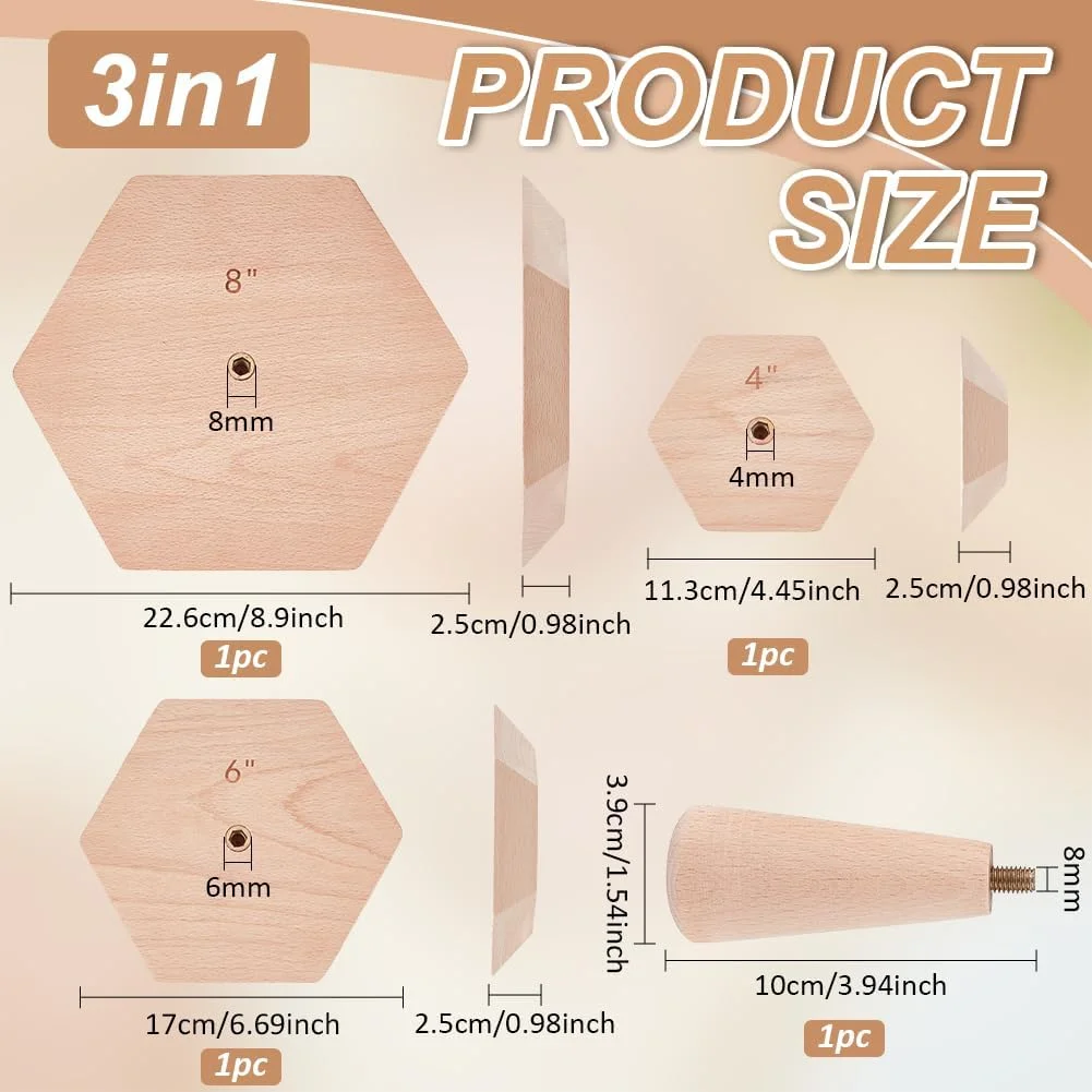 BENECREAT 3 مجموعه ابزار سرامیکی چوبی، (4.4 اینچ/6.6 اینچ/8.8 اینچ) ابزار سفالگری شش ضلعی با دسته برای ساخت کاسه و بشقاب سرامیکی DIY، ضخامت 0.9 اینچ