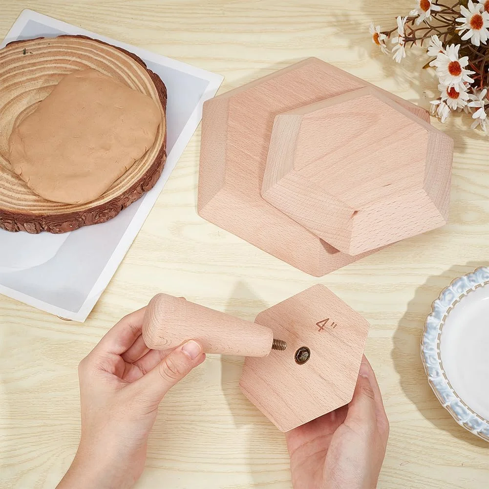 BENECREAT 3 مجموعه ابزار سرامیکی چوبی، (4.4 اینچ/6.6 اینچ/8.8 اینچ) ابزار سفالگری شش ضلعی با دسته برای ساخت کاسه و بشقاب سرامیکی DIY، ضخامت 0.9 اینچ