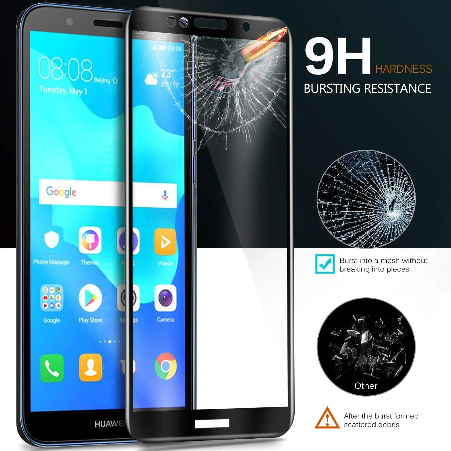 محافظ صفحه نمایش شیشه ای حرارت دیده پریمیوم KuGi برای Huawei Y5 Prime 2018، مشکی