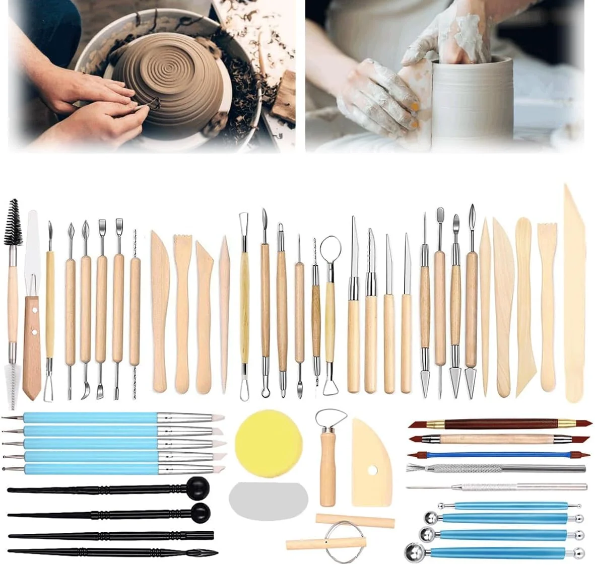 مجموعه ابزار مجسمه سازی رسی ELECDON، ابزار رسی پلیمری، مجموعه 52 عددی ابزار سفالگری برای بزرگسالان، کودکان و مبتدیان، کیت حکاکی مجسمه سرامیکی دسته چوبی برای نقاشی روی سنگ، مدل سازی رسی سفالگری